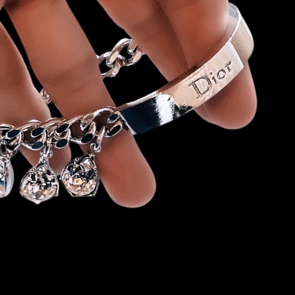 Christian Dior Vintage Silver Crystal Embellished Logo ID Gambler Charm Bracelet - Picture 14 of 15